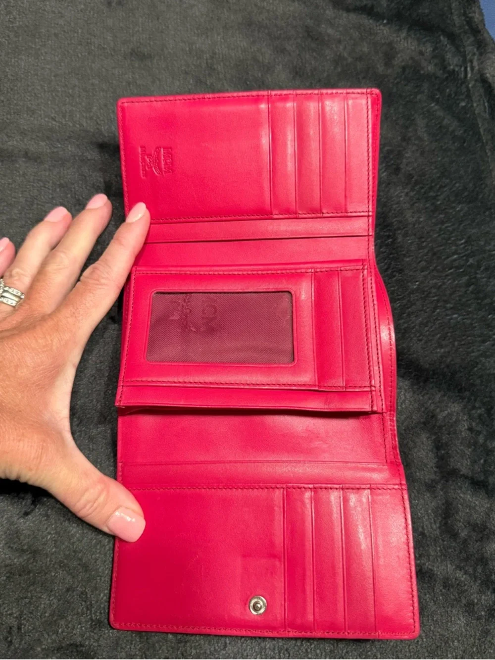 MCM White and Pink Logo Printed Wallet with Gold Hardware